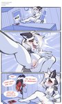 anthro aroused bodily_fluids dialogue female genitals masturbation pussy shy spread_legs spreading text wet white_body ursk helluva_boss blitzo_(helluva_boss) loona_(helluva_boss) canid canid_demon demon imp mammal absurd_res comic hi_res url