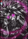 2023 alpha_channel anthro black_hair border canid canine claws cloak clothed clothing conditional_dnp digital_media_(artwork) female fox glowing glowing_eyes hair hi_res kumo_(ratte) legacy_(ratte) long_hair looking_at_viewer magic mammal open_mouth painting_(artwork) pupils purple_eyes purple_theme ratte signature slit_pupils solo text traditional_media_(artwork) transparent_border url wraith