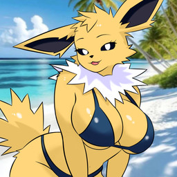 anthro anthrofied beach big_breasts bikini black_sclera bra breasts cleavage clothed clothing fangs female fur hair huge_breasts looking_at_viewer neck_tuft open_mouth panties pokemorph smile solo swimwear tail teeth tuft two-piece_swimsuit underwear white_eyes yellow_body yellow_fur evaacii nintendo pokemon eeveelution generation_1_pokemon jolteon pokemon_(species) 1:1 2025 digital_media_(artwork) hi_res