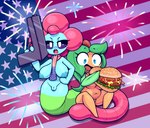 american_flag anthro areola bacon big_breasts bodily_fluids bottomwear breasts burger candy cheese clitoris clothing dairy_products dessert drooling duo female fireworks food fruit genital_fluids genitals gun handgun holding_food holding_gun holding_object holding_ranged_weapon holding_weapon leaf leaf_hair looking_at_viewer meat navel necktie nipples open_mouth peach_(fruit) pistol plant plant_hair pseudo_hair pussy ranged_weapon salad saliva skirt slightly_chubby stem tomato united_states_of_america weapon screwroot jelena_(screwroot) tara_(screwroot) candy_humanoid elemental_creature elemental_humanoid flora_fauna food_creature food_humanoid fruit_humanoid humanoid living_candy living_fruit plant_humanoid worm absurd_res hi_res