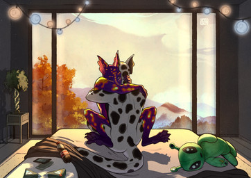 anthro duo hug male male/male plant sex sunset tail tree window geaidu ikea aftonsparv_alien kobold lizard reptile scalie absurd_res hi_res