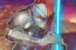 5_fingers armor blue_body blue_skin eye_patch eyewear female fin fingers hair holding_melee_weapon holding_object holding_polearm holding_spear holding_weapon kneeling looking_forward melee_weapon polearm red_hair smile solo spear weapon yellow_sclera pugthe2ro undertale undertale_(series) undyne animal_humanoid fish fish_humanoid humanoid marine marine_humanoid 3:2