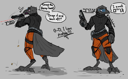 ammunition anthro barefoot beak belt belt_pouch black_clothing black_sweater black_topwear bottomwear cephalopod_shell claws clothing feathers feet firing_weapon gun holding_gun holding_object holding_ranged_weapon holding_weapon male mollusk_shell open_beak open_mouth orange_bottomwear orange_clothing orange_pants pants ranged_weapon shell shooting solo speech_bubble sweater tail tail_feathers text toe_claws topwear weapon mawkvlt izaan_raysmith_(mawkvlt) avian 16:10 hebrew_text hi_res widescreen