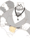 anthro asian_clothing balls belly big_belly clothing east_asian_clothing facial_hair fundoshi genitals humanoid_hands japanese_clothing kemono male mature_male moobs mustache overweight overweight_male sitting solo underwear morino8484 canid canine mammal raccoon_dog tanuki 2023 hi_res