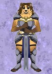 anthro armor bottomwear breastplate clothing female gold_(metal) greatsword greaves loincloth melee_weapon metal pauldron solo straps sword weapon arwenscoots conditional_dnp bear mammal hi_res