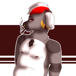 anthro belly big_belly cigar clothing curled_horn duo ear_piercing ear_ring fur gold_(metal) gold_ear_piercing gold_jewelry grey_body grey_fur hair hoop_ear_ring horn jacket jewelry male multicolored_hair multiple_piercings nipples nude nude_male overweight piercing red_body red_fur ring_piercing short_hair smoking smoking_cigar solo topwear two_tone_hair white_body white_fur sammywhich bovid caprine demon goat hybrid mammal 1:1