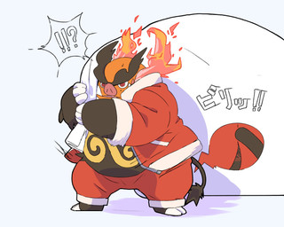 anthro belly biped bottomwear clothing costume exclamation_point holidays kemono male orange_body overweight overweight_male pants question_mark santa_costume solo standing inunoshippo christmas nintendo pokemon santa_claus emboar generation_5_pokemon pokemon_(species) 2025 5:4 hi_res