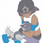 ambiguous_gender black_body black_fur brown_hair clothing dark_body dark_skin domestic_pet duo eyelashes eyes_closed fangs female feral fur grey_body grey_fur hair happy headgear headkerchief headwear kerchief lying on_back short_hair simple_background sitting size_difference smile teeth alpacapala nintendo pokemon team_aqua aqua_grunt grunt_(pokemon) pokemon_trainer generation_3_pokemon human mammal pokemon_(species) poochyena 1:1 digital_media_(artwork)