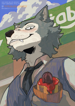 anthro cloud first_person_view food hot_dog looking_at_viewer male necktie scar smile solo jeanwoof beastars legoshi_(beastars) canid canine canis mammal wolf hi_res