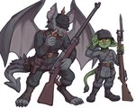 accessory armor bag belt belt_buckle buckle cigarette clothed clothing digitigrade duo fangs footwear furgonomics green_body green_skin headgear headwear helmet holster holstered_weapon humanoid_pointy_ears male membrane_(anatomy) membranous_wings military military_uniform mouth_scar pickelhaube pointy_ears ranged_weapon simple_background smoking smoking_cigarette stick_grenade tail tail_accessory tail_bag teeth topwear uniform weapon wings world_war_1 goobone tankgewher gargoyle goblin humanoid mammal 5:4 hi_res