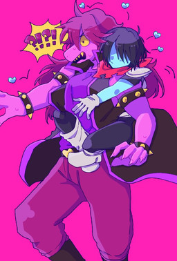 ambiguous_gender anthro armband belt black_hair blue_body blush boots bottomwear bracelet breasts carrying_another claws clothed clothing duo female female/ambiguous female_carrying_ambiguous footwear fully_clothed gloves hair hair_over_eyes handwear heart_symbol hug hugging_another hugging_from_behind human_on_anthro interrobang interspecies jewelry larger_anthro larger_female non-mammal_breasts obscured_eyes open_mouth pants piggyback purple_body purple_hair shirt shoes size_difference smaller_ambiguous smaller_human spiked_armband spiked_bracelet spikes topwear yellow_eyes sohagi deltarune undertale_(series) kris_dreemurr susie_(deltarune) human mammal reptile scalie