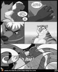 4:5 anthro anthro_on_anthro arm_grab badger canid canine carl_(misterstallion) cel_shading clothed clothing comic dialogue duo emanata english_text eyebrows felid fox fur greyscale head_grab hi_res honey_badger kissing looking_at_viewer male male/male mammal misterstallion monochrome muscular muscular_male mustelid musteline pantherine patreon patreon_logo public shaded speech_bubble text tiger topless underwear url william_(misterstallion)