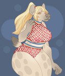 anthro blonde_hair blue_background breasts claws clothed clothing female fishnet_clothing fishnet_shirt fishnet_topwear hair long_hair looking_at_viewer rainbow shirt simple_background skimpy solo thick_thighs topwear yellow_eyes deermary bones_(deermary) hyena mammal spotted_hyena hi_res