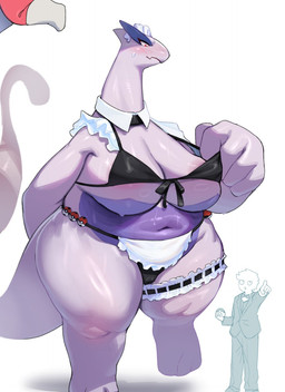 5_fingers anthro apron barefoot big_breasts bikini black_bikini black_clothing black_swimwear blush breasts camel_toe choker clothing duo feet female female_anthro fingers jewelry larger_anthro larger_female maid_headdress maid_uniform male male_human navel necklace on_one_leg overweight overweight_anthro overweight_female pokeball simple_background size_difference smaller_human smaller_male standard_pokeball standing swimwear tail thick_tail two-piece_swimsuit uniform white_apron white_background white_clothing morokko nintendo pokemon generation_2_pokemon human legendary_pokemon lugia mammal pokemon_(species) 2025 digital_media_(artwork) hi_res