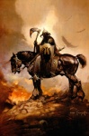 1973 20th_century accipitrid accipitriform ambiguous_gender ancient_art animal_genitalia armor avian axe bird bridle canvas cloud death_dealer_(painting) duo equid equine fantasy feral formal_art frank_frazetta genitals headgear helmet hi_res hill horse human mammal melee_weapon outside quadruped red_eyes reins riding saddle sheath shield tail weapon