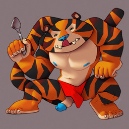 anthro blue_glans blue_nipples blue_nose caricature crouching curved_penis erection fangs feet genitals glans humanoid_feet light_belly long_tail male markings mascot muscular muscular_male nipples pecs penis plantigrade silly_pose simple_background small_eyes smile solo striped_body striped_markings stripes tail teeth tongue tongue_out ravuer frosted_flakes kellogg's tony_the_tiger felid mammal pantherine tiger 1:1 hi_res