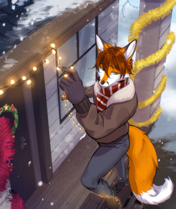 4_toes 5_fingers anthro bdsm black_body black_fur bondage bottomwear bound breath brown_hair building christmas_clothing christmas_decorations christmas_lights christmas_wreath climbing_ladder clothing cold digitigrade dipstick_ears dipstick_tail dirt door ear_markings entangled eyebrows eyelashes facial_markings feet fingers footwear fur garland gloves_(marking) gutter hair head_markings holding_object holidays house humanoid_hands jacket ladder leg_markings looking_down male markings multicolored_ears open_mouth orange_body orange_fur outside pants pattern_clothing pattern_scarf porch scarf shingles snout snout_markings snow snowing socks_(marking) solo string_light_bondage string_lights striped_clothing striped_scarf stripes tail tail_markings toeless_footwear toes topwear white_body white_fur window worried worried_look wreath mishabahl christmas alric_kyznetsov canid canine fox mammal red_fox true_fox 2025 digital_drawing_(artwork) digital_media_(artwork) hi_res signature story story_in_description
