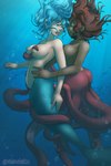 blue_eyes blue_hair breasts detailed_background duo exposed_breasts female female/female fin hair humanoid_on_humanoid nipples penetration red_hair red_tentacles scales sea sex split_form tentacle_penetration tentacle_sex tentacles underwater water nurutako cecaelia humanoid marine merfolk 2:3