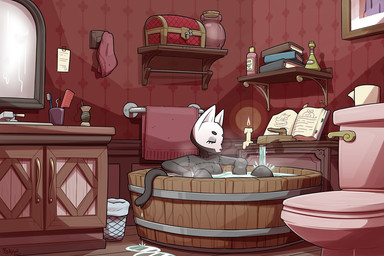 anthro bath bathing bathroom bathtub book candle detailed_background eyes_closed female mirror nude sitting solo toilet towel treasure_chest wet pokyuii starhell clarice_(pokyuii) domestic_cat felid feline felis mammal 3:2