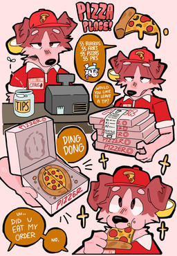anthro box cashier clothing container eating fingers food fruit fur hat headgear headwear lemon male pink_body pink_fur pizza pizza_box plant red_body red_clothing red_fur simple_background solo standing text mintcashew mythology canid canine canis domestic_dog dragon mammal mythological_creature mythological_scalie scalie 2025 digital_media_(artwork) english_text hi_res