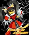 anthro black_background black_hair clothing female fur gloves hair handwear long_hair one_eye_closed pigtails simple_background solo text wink yellow_body yellow_fur trakker sega sonic_the_fighters sonic_the_hedgehog_(series) honey_the_cat domestic_cat felid feline felis mammal hi_res