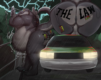 anthro anthro_pred anus badge balls belly butt butt_tattoo car claws genitals grey_body grey_scales male musclegut muscular muscular_male nude onomatopoeia raining scales slosh sloshing_belly solo sound_effects spikes spikes_(anatomy) tail tattoo text thunder vehicle vore yellow_sclera azathura jurassic_park universal_studios flint_saurstone dinosaur prehistoric_species reptile saurischian scalie theropod tyrannosaurid tyrannosauroid tyrannosaurus tyrannosaurus_rex digital_media_(artwork) english_text hi_res