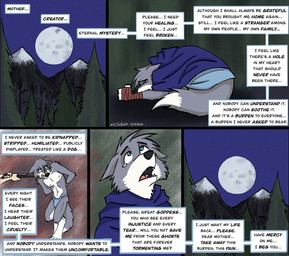 4_fingers 4_toes anthro begging black_nose blue_eyes bodily_fluids bottomwear cloak clothed clothed_anthro clothed_male clothing collar dialogue fangs feet fingers flashback forest full_moon fur grey_body grey_fur hand_wraps hindpaw humanoid_hands humiliation kneeling leash leashed_collar loincloth loincloth_only male moon mountain multicolored_body multicolored_fur nature navel night nipples outside paws plant praying solo speech_bubble standing tail tears teeth text toes tongue topless topless_anthro topless_male trauma traumatized tree two_tone_body two_tone_fur white_body white_fur wraps spiritofash andreas_(spiritofash) canid canine canis mammal wolf comic english_text hi_res