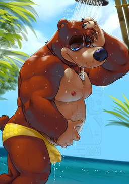 anthro bathing black_nose blue_eyes brown_body brown_fur bulge butt clothed clothing detailed_bulge erection erection_under_clothing eyebrows fur genital_outline jewelry male moobs musclegut muscular muscular_anthro muscular_male necklace nipples penis_outline shark_tooth_necklace short_tail shower showering solo speedo swimwear tail topless topless_anthro topless_male water wet wet_body wet_fur eclipticafusion banjo-kazooie rareware banjo_(banjo-kazooie) bear mammal 2025