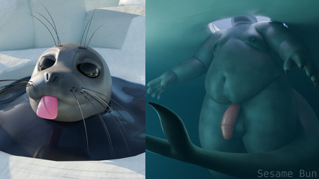 anthro balls belly big_belly black_eyes claws fur genitals grey_body grey_fur ice looking_at_viewer male nipples overweight overweight_anthro overweight_male penis smile snow solo swimming tail thick_thighs tongue tongue_out underwater water whiskers wide_hips sesame_bun aquatic mammal pinniped seal 16:9 3d_(artwork) digital_media_(artwork) hi_res widescreen