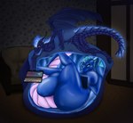 abdominal_bulge ahkrin_(ahkrinicewyvern) anthro blue_body blue_scales breasts claws colored computer detailed_background digital_media_(artwork) dragon duo electronics european_mythology exposed_breasts featureless_crotch female fin fire floor frill_(anatomy) fully_inside furniture gaming hand_on_belly hi_res holding_object horizontal_pupils horn inside internal laptop larger_female larger_prey looking_at_object looking_away lying membrane_(anatomy) membranous_frill membranous_wings mythological_creature mythological_scalie mythology nipples nude on_front open_mouth open_smile orange_sclera playing_video_game pupils scales scalie shaded size_difference smaller_pred smile sofa soft_vore solo_focus tail tail_fin teeth theember thick_tail thick_thighs tongue vore western_dragon wings wyvern