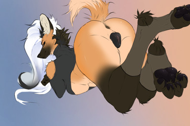 animal_genitalia animal_vulva anthro anus ass_up bottomless breasts butt canine_genitalia canine_vulva clothed clothing female footwear fur genitals gradient_background inner_ear_fluff looking_at_viewer looking_back looking_back_at_viewer lying multicolored_body multicolored_fur on_front pawpads presenting presenting_hindquarters raised_tail rear_view shirt simple_background socks solo stirrup_socks tail topwear tuft under_boob vulva myojo_oficial logan_marzu canid canine humanoid mammal maned_wolf 3:2