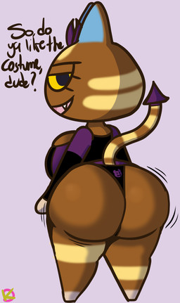 anthro bedroom_eyes big_breasts big_butt breasts brown_body butt clothed clothing costume fake_horns fangs female fur halloween_costume holidays huge_butt looking_at_viewer looking_back narrowed_eyes panties pointed_tail seductive simple_background smile solo teeth text underwear klutzatdusk animal_crossing halloween nintendo katt_(animal_crossing) domestic_cat felid feline felis mammal vampire digital_media_(artwork) english_text