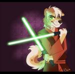 anthro black_bars black_nose clothed clothing dual_wielding green_eyes green_lightsaber holding_object holding_weapon jedi jedi_tunic lightsaber melee_weapon pose shirt simple_background smile solo standing topwear tunic weapon citrinelle star_wars jack_(shadowcatcher) canid canine canis domestic_dog mammal 2016 digital_media_(artwork)