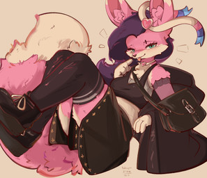 anthro boots breasts clothed clothing dipstick_ears ear_markings female footwear fully_clothed fur green_eyes hair inner_ear_fluff looking_at_viewer midriff multicolored_body multicolored_ears multicolored_fur pink_body pink_fur purple_hair shoes simple_background tan_background tongue tongue_out tuft two_tone_body two_tone_fur white_body white_fur conditional_dnp tohupo nintendo pokemon eeveelution generation_6_pokemon pokemon_(species) sylveon 2024 dated digital_media_(artwork) hi_res signature
