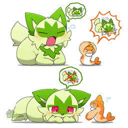 ambiguous_gender blush bodily_fluids cheek_tuft cute_fangs duo eating empty_eyes eyes_closed facial_tuft fangs feral fur green_body green_ears green_fur green_tail kemono lying on_front open_mouth orange_body orange_tail red_eyes short_tail simple_background size_difference sleeping sound_effects speech_bubble sweat sweatdrop tail tears teeth thought_bubble tuft vowelless vowelless_sound_effect white_background white_body yawn zzz tontaro nintendo pokemon aquatic felid feline fish generation_9_pokemon mammal pokemon_(species) sprigatito tatsugiri tatsugiri_(curly_form) 1:1 2024 2d_animation animated frame_by_frame loop signature watermark