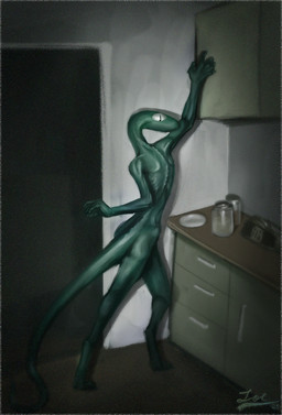 cabinet dark emaciated flashlight glistening kitchen noise_filter slim solo dirtypaperjoe alien cryptid ghoul reptile scalie snake undead 2025 digital_media_(artwork) digital_painting_(artwork) film_grain hi_res painting_(artwork)