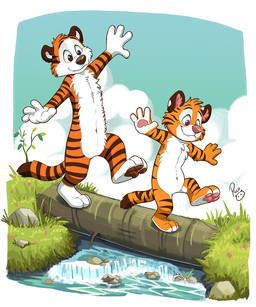 age_difference anthro blue_eyes blue_sky brown_pawpads closed_smile duo featureless_crotch fur glistening glistening_eyes grass heterochromia log logo male markings mouth_closed nude orange_body orange_fur outside pawpads pink_nose pink_pawpads plant purple_eyes sky smile striped_arms striped_legs striped_markings striped_tail stripes tail tail_markings water white_body white_fur wood young young_anthro young_male pandapaco calvin_and_hobbes hobbes felid mammal pantherine tiger artist_logo signature