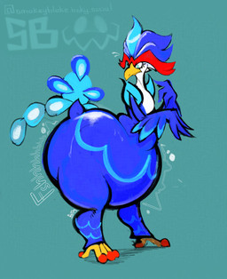 4_toes anisodactyl anthro avian_butt beak belly blue_background blue_body blue_eyes blue_feathers butt feathers feet inflation looking_back simple_background solo tail tail_feathers toes winged_arms wings smokey_blokey nintendo pokemon generation_9_pokemon pokemon_(species) quaquaval 2026 absurd_res hi_res signature