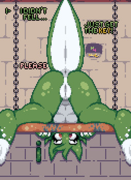 anthro anus breasts chain curious dungeon featureless_breasts female genitals green_body green_scales heterochromia non-mammal_breasts non-mammal_vulva raised_tail scales solo tail upside_down vulva white_body white_scales hantanyaw44 hanta kobold scalie absurd_res digital_media_(artwork) hi_res pixel_(artwork)