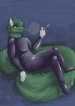 anthro cigarette clothing fur green_body green_fur green_hair green_wolf hair latex latex_clothing latex_skinsuit male rubber_clothing sitting skinsuit smoke smoke_from_mouth smoking solo tail tight_clothing yellow_eyes tafy_tail tafy absurd_res hi_res