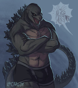 anthro black_body blush claws clothing crossed_arms duo male muscular muscular_anthro muscular_male navel open_mouth sharp_teeth simple_background solo_focus teeth topwear underwear lacandyf godzilla_(series) monsterverse mothra_(series) toho godzilla mothra arthropod insect lepidopteran moth 2019 digital_media_(artwork) hi_res portrait three-quarter_portrait