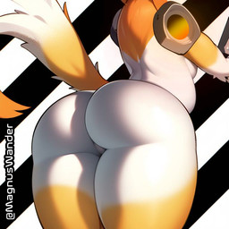 anthro big_butt breasts butt butt_shot female fur machine multicolored_body multicolored_fur nude orange_body orange_fur pattern_background simple_background solo tail text thick_thighs two_tone_body two_tone_fur white_body white_fur magnuswander protogen 1:1 2023 artist_name