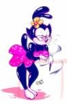 anthro big_breasts bottomwear breasts clothing eyewear female flower glasses leaning plant polka_dots simple_background skirt solo creamydonuts animaniacs warner_brothers dot_warner inkblot mammal absurd_res hi_res