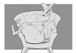 anthro ascot bottomless bottomless_anthro bottomless_male chair claws clenched_teeth clothed clothing crossed_legs fangs fur furniture hand_on_leg hat headgear headwear jacket looking_at_viewer male on_chair paws pose side_view sitting sitting_on_chair smile smiling_at_viewer solo teeth thick_thighs topwear reagan700 disney who_framed_roger_rabbit smarty_weasel toon_patrol mammal mustelid musteline true_musteline weasel 2024 monochrome