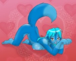 anthro ass_up big_breasts biped blue_body blue_fur blue_hair blush breasts dipstick_tail female fur green_eyes hair heart_symbol lying markings nipples nude on_front solo tail tail_markings nekostar kilika canid canine domestic_cat felid feline felis mammal