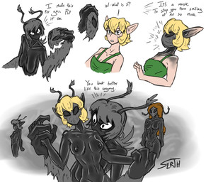 antennae_(anatomy) arm_tuft blonde_hair breasts collarbone dark_body enthralled eye_bags female glistening glistening_body grey_hair hair mask navel nipples nude sagging_breasts shoulder_strap size_difference skinny thrall transformation tuft wearing_mask serth hangmoss cryptid elf goblin orc absurd_res hi_res