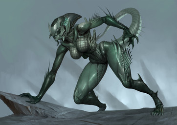 breasts claws digitigrade eyeless featureless_breasts female fin fin_frill frill_(anatomy) glistening glistening_body green_body lips long_tail medium_breasts membrane_(anatomy) outside ribs segmented_tail solo spikes spikes_(anatomy) tail thick_thighs wide_hips oleg_bulakh alien_(franchise) alien alien_humanoid humanoid xenomorph 2025 digital_drawing_(artwork) digital_media_(artwork) full-length_portrait portrait