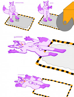anthro bodily_fluids cartoon_physics cum erection flattened flattening_fetish genital_fluids glue glue_trap male paper_flattened steamroller toony qmlp isa_(qmlp) canid canine canis fox hybrid mammal wolf hi_res nonbinary_(lore)