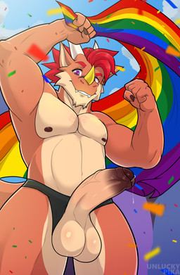 5_fingers anthro athletic athletic_anthro athletic_male balls biped black_clothing black_markings black_underwear bodily_fluids body_hair brown_body brown_claws chest_hair claws clothed clothing dark_glans dark_nipples dripping erection eyebrows facial_markings fingers flag flag_(object) foreskin front_view genital_fluids genitals glans hair head_markings holding_flag holding_object horn humanoid_genitalia humanoid_penis lgbt_pride looking_at_viewer looking_down looking_down_at_viewer male markings multicolored_body multicolored_penis navel nipples overbite pecs penis precum precum_drip precum_string pride_color_flag pride_colors purple_eyes purple_glans rainbow_flag rainbow_pride_flag rainbow_symbol red_eyebrows red_hair simple_background skimpy slim smile smirk solo tan_body teeth text two_tone_body two_tone_penis underwear unretracted_foreskin vein veiny_penis white_horn yellow_horn unluckypika european_mythology lgbt_pride_month mythology dannydregorak dragon mythological_creature mythological_scalie scalie western_dragon wingless_dragon 2026 absurd_res artist_name colored digital_drawing_(artwork) digital_media_(artwork) english_text hi_res portrait shaded signature three-quarter_portrait nonbinary_(lore)