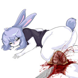 amputation amputee anthro blood blush bodily_fluids bone bottomless clothed clothing crying disability exposed_bone female gore knife missing_leg missing_limb pain questionable_consent severed_body_part severed_leg severed_limb shirt shirt_only solo tears topwear topwear_only gorebunny lagomorph leporid mammal rabbit 1:1 absurd_res hi_res